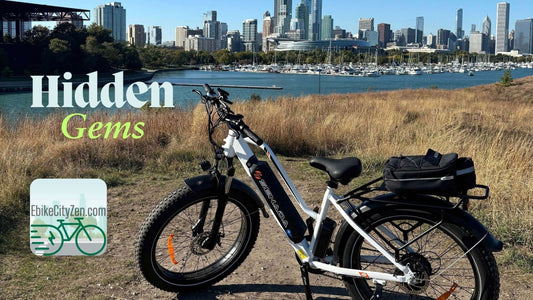 the senada herald ebike pictured on northerly island in chicago with the skyline of the city in the background