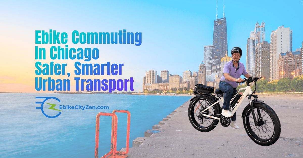 EbikeCityZen owner Joe Borrelli on an Ebike against the chicago skyline