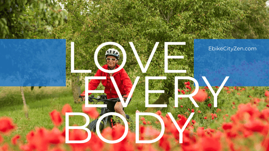 cover image for blog post showing an older woman riding an ebike near a field of flowers
