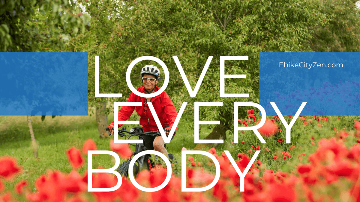 cover image for blog post showing an older woman riding an ebike near a field of flowers