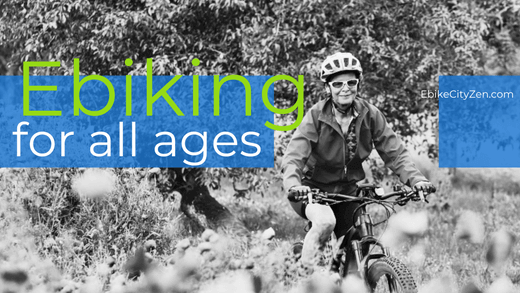 image of an older woman joyfully riding an electric bicycle with the ease of pedal assist