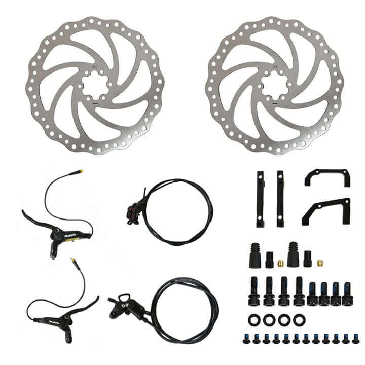 Replacement 4-Piston Hydraulic Brake Sensor Set with 203MM Disc Brake Rotors for Eunorau showing all parts included in kit