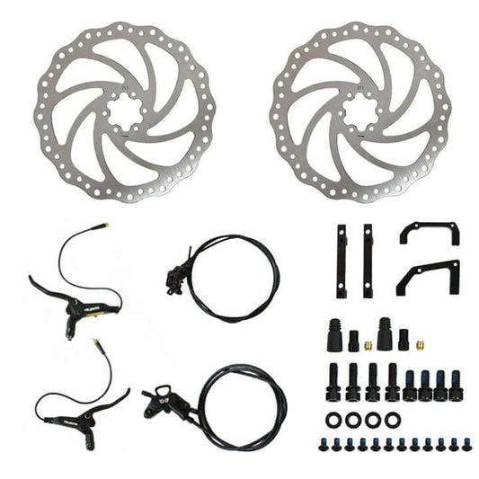 Replacement 4-Piston Hydraulic Brake Sensor Set with 203MM Disc Brake Rotors for Eunorau showing all parts included in kit