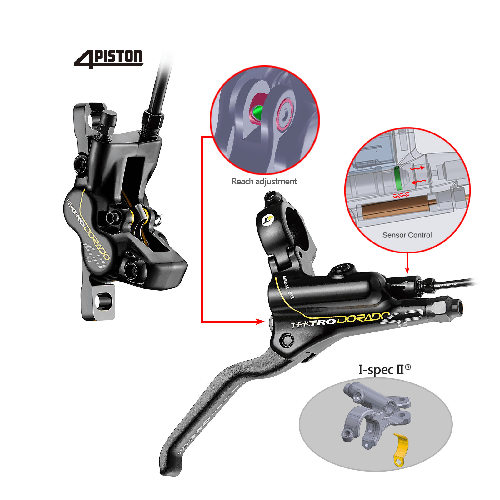TEKTRO 4 Pistons Hydraulic Brake Set with 203MM Disc Brake Rotor brake lever close up