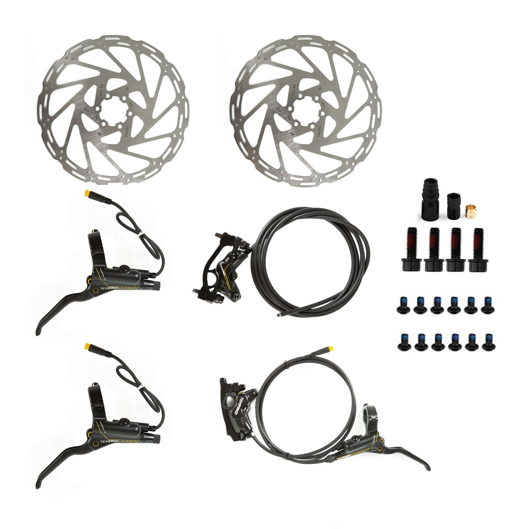 TEKTRO 4 Pistons Hydraulic Brake Set with 203MM Disc Brake Rotor showing all parts in the kit