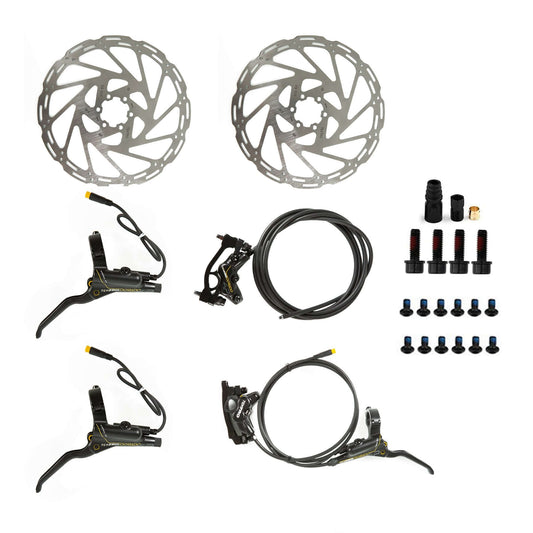 TEKTRO 4 Pistons Hydraulic Brake Set with 203MM Disc Brake Rotor showing all parts in the kit