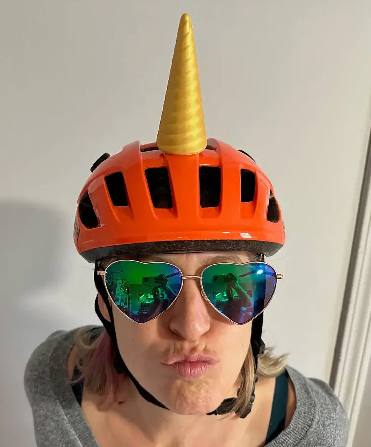 helmet flair unicorn being modeled by a woman
