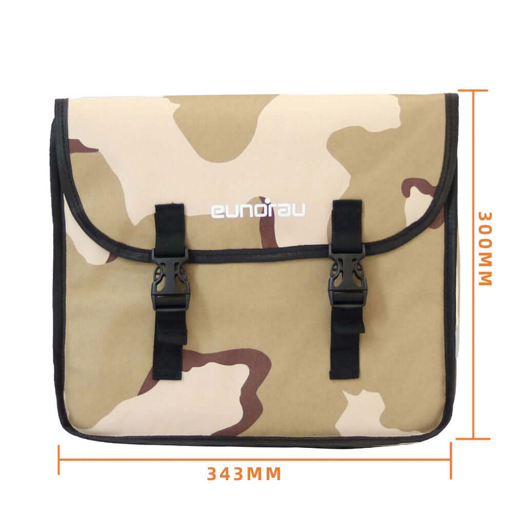 Pannier Bag Set for Eunorau Ebikes equipped with a rear rack side view with dimensions