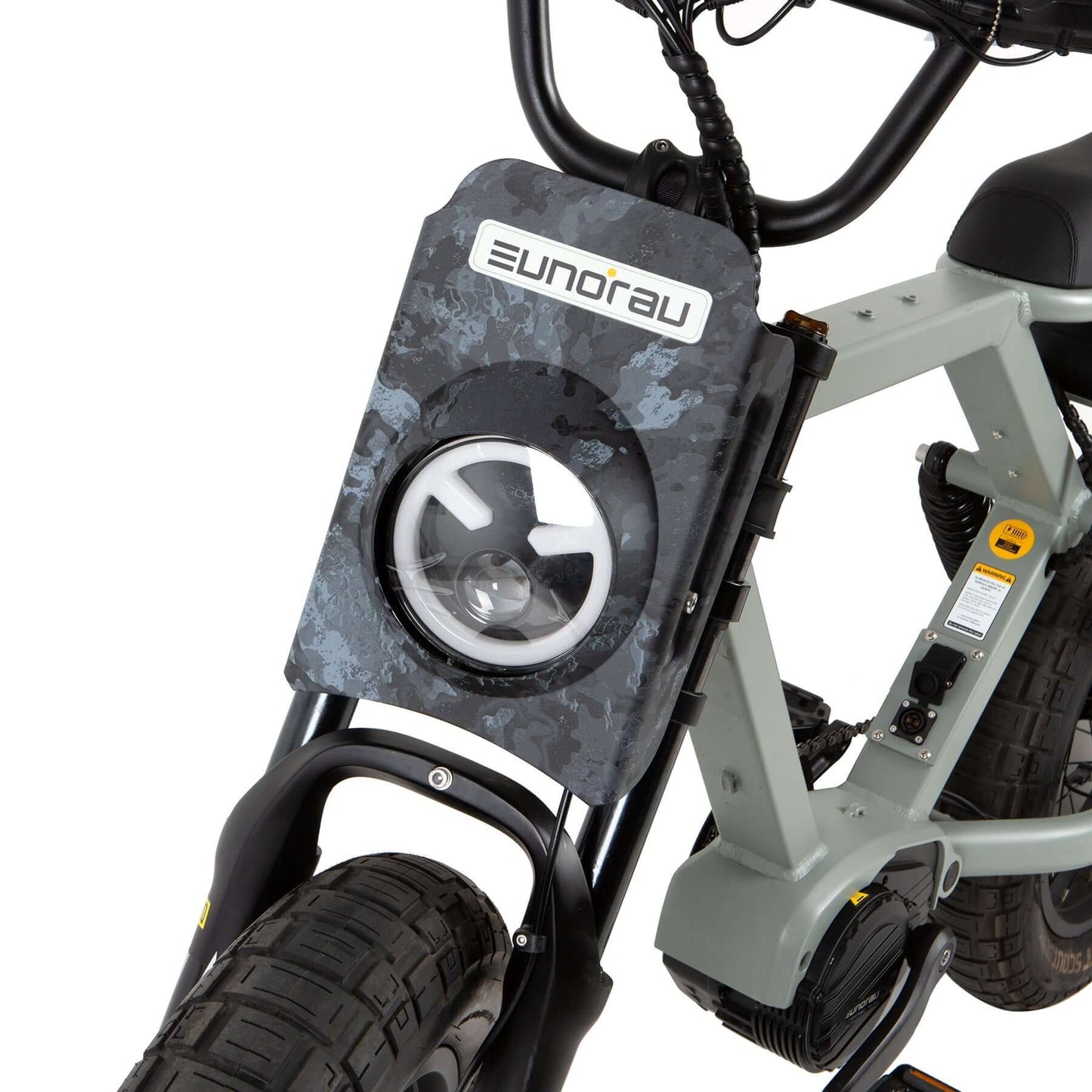 EUNORAU FLASH Fender and Lampshade Kit close up as installed on front of bike
