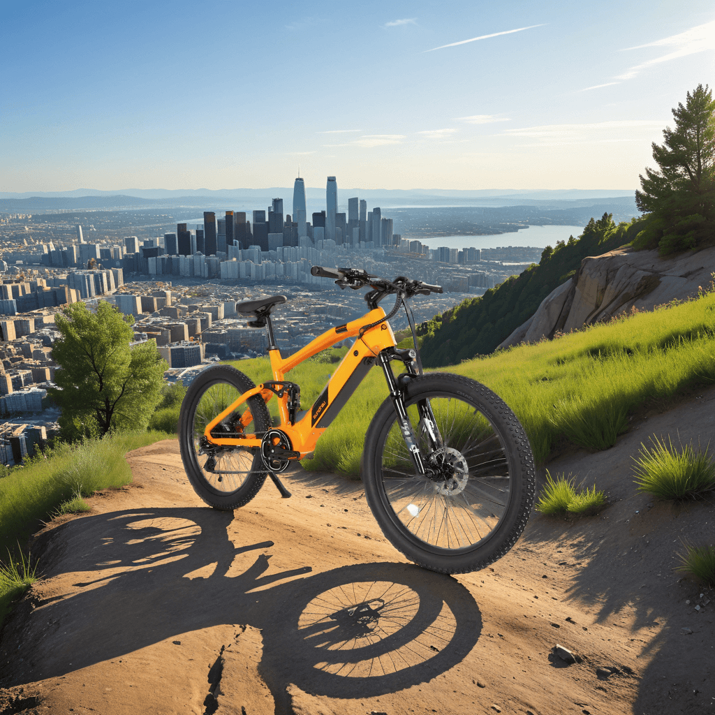 EUNORAU DEFENDER ebike shown on a mountain trail with the city skyline in the background