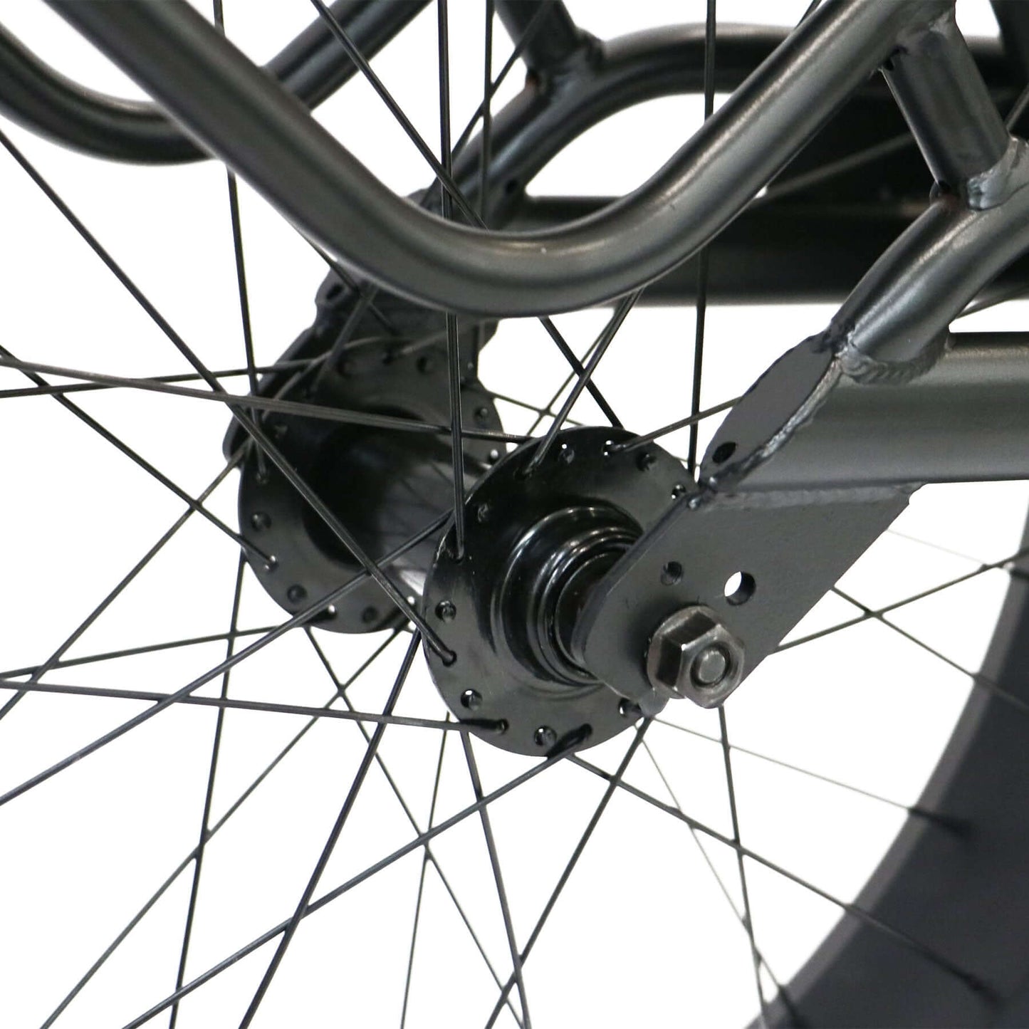 Cargo Trailer - 1 Wheel fits many Eunorau Ebikes close up of spokes and axle assembly
