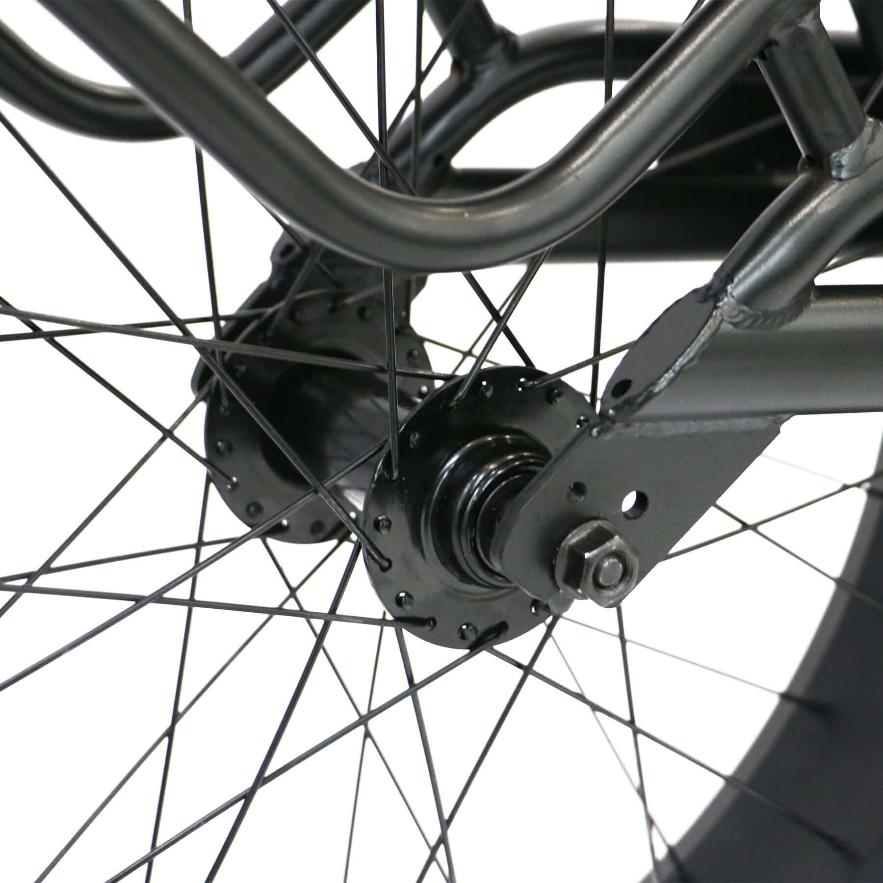 Cargo Trailer - 1 Wheel fits many Eunorau Ebikes close up of spokes and axle assembly