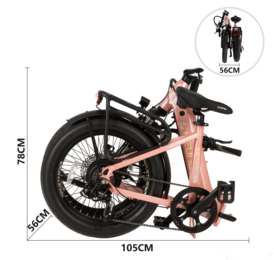 EUNORAU META Foldable ebike shown fully folded with compact dimensions and measurements