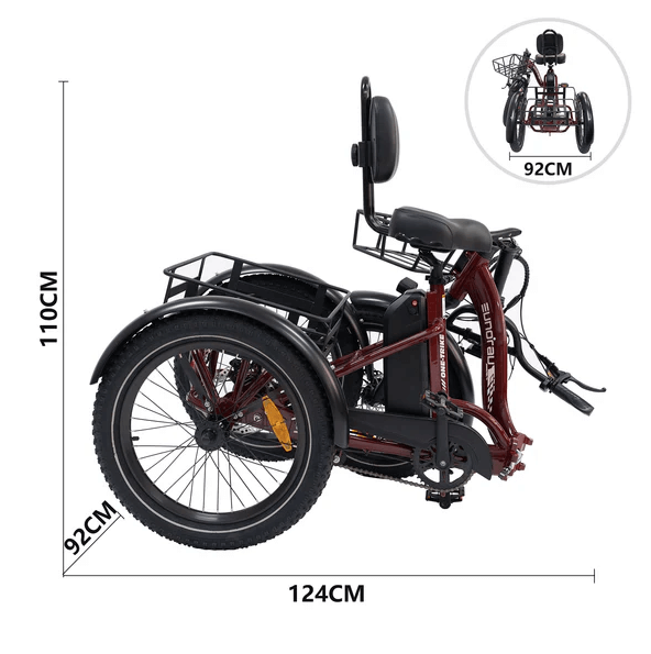 EUNORAU ONE-TRIKE foldable electric tricycle shown fully folded with dimensions