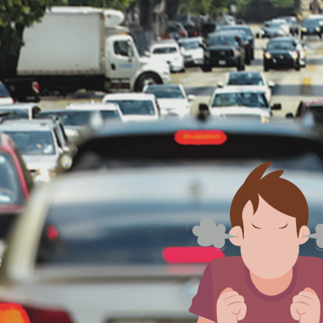 cartoon of a frustrated person shown in the foreground of a gridlocked city street