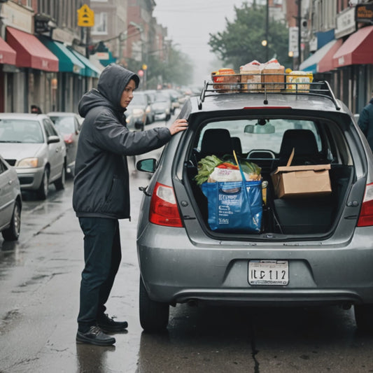 picture of a person trying to load items into a car on a busy city street while double parked - wishing he had ridden his Ebike instead