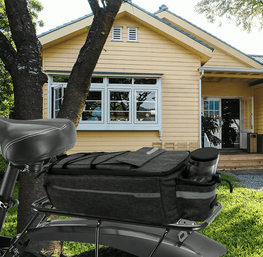 EBike 10L Cooler Bag with Bottle Holder fits rear rack displayed on an ebike