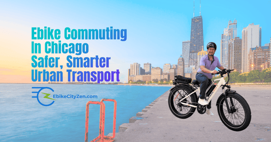 EbikeCityZen owner Joe Borrelli on an Ebike against the chicago skyline