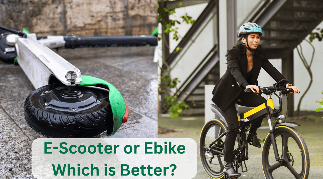 Comparison between E-Scooter and Ebike with woman riding Ebike and E-Scooter on ground. Text: "E-Scooter or Ebike Which is Better?"