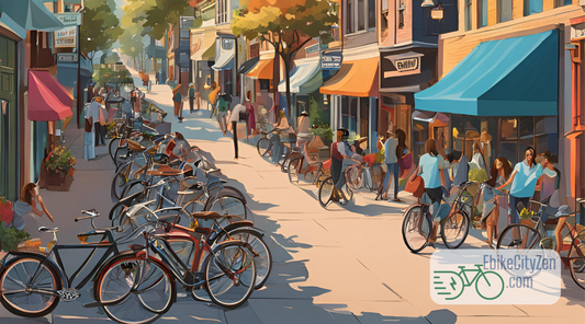 scene of a cool city neighborhood with local businesses and people using electric bicycles