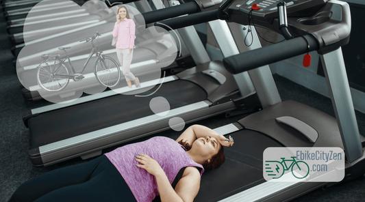 Woman lying on treadmill exhausted, dreaming of using an ebike as a low-impact fat-burning tool for fitness, with EbikeCityZen logo.