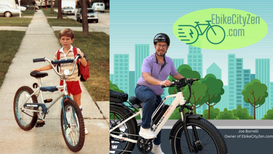 EbikeCityZen's founder, Joe Borrelli as a child and as an adult on his Ebike