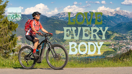 an older woman on an ebike enjoying a ride on a mountain pass