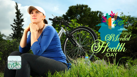 a woman is enjoying a moment of good mental health with her Ebike on a peaceful wooded setting