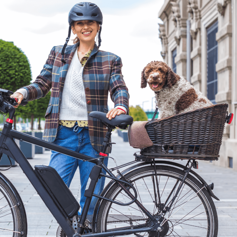 image of a smartly dressed young woman with a dog in an ebike accessory basket