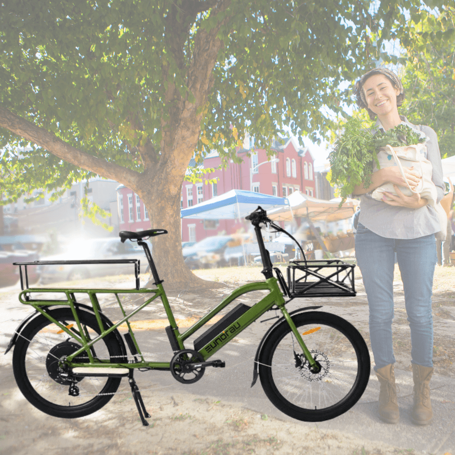 Cargo Ebike Collection image showing a cargo ebike and a woman at a farmers market