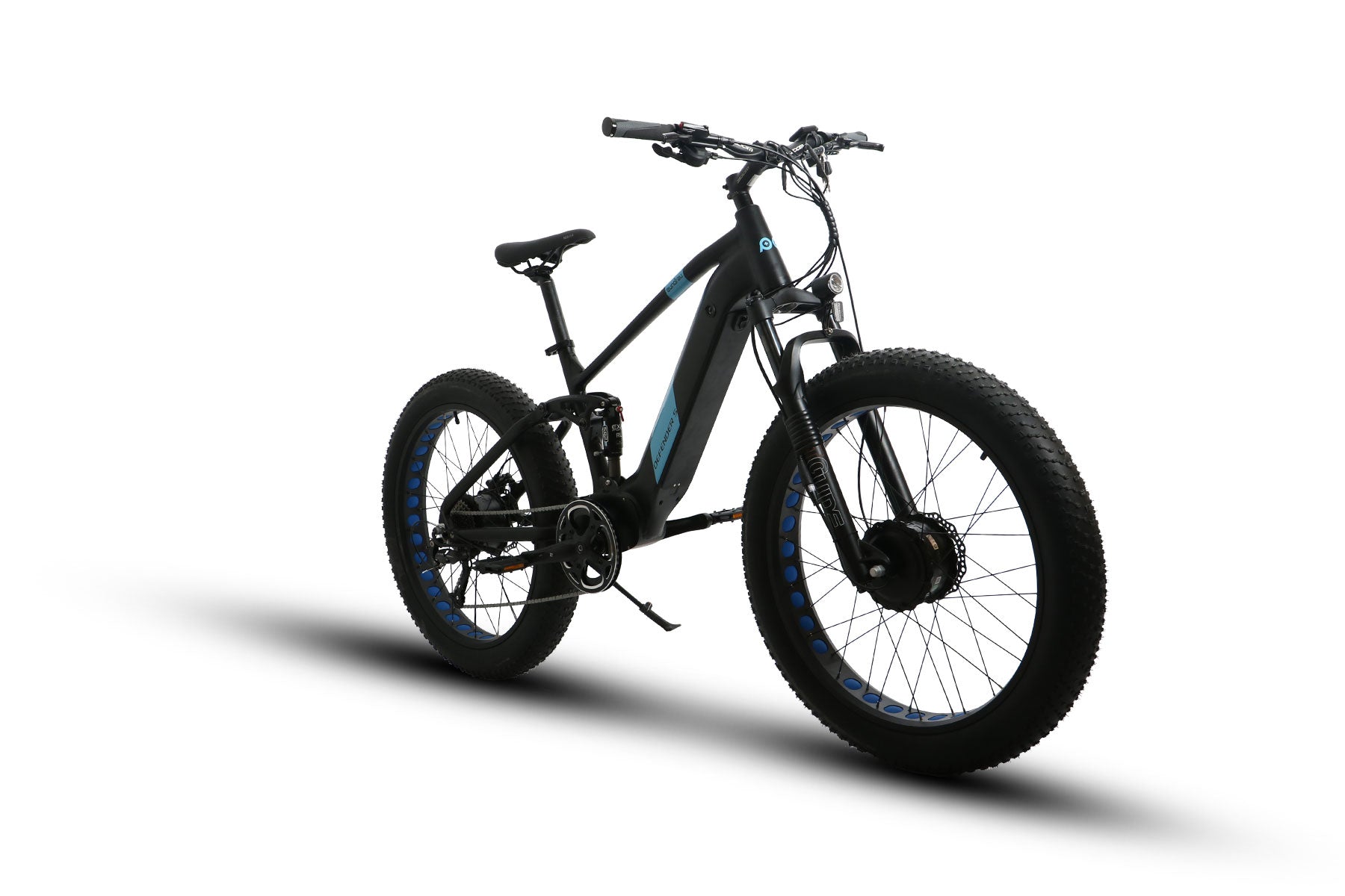 EUNORAU DEFENDER-S e-bike with fat tires, full suspension, and dual 750W motors for urban and off-road adventures