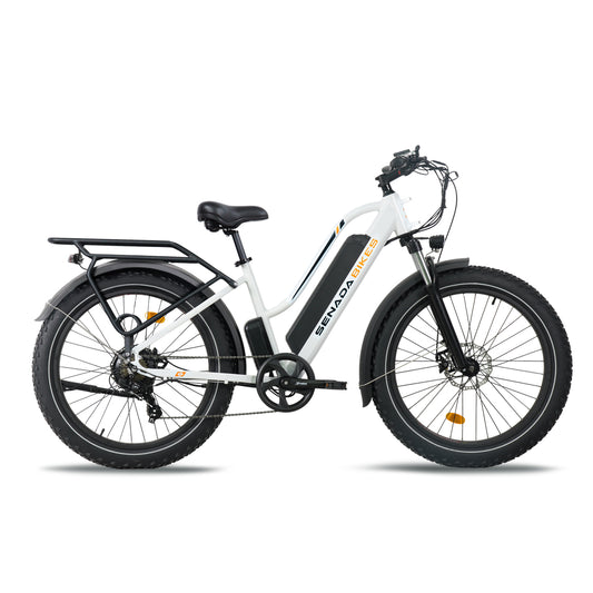 SENADA HERALD PRO step-thru 1000W fat tire ebike with front suspension hydraulic disc brakes shown from the right side