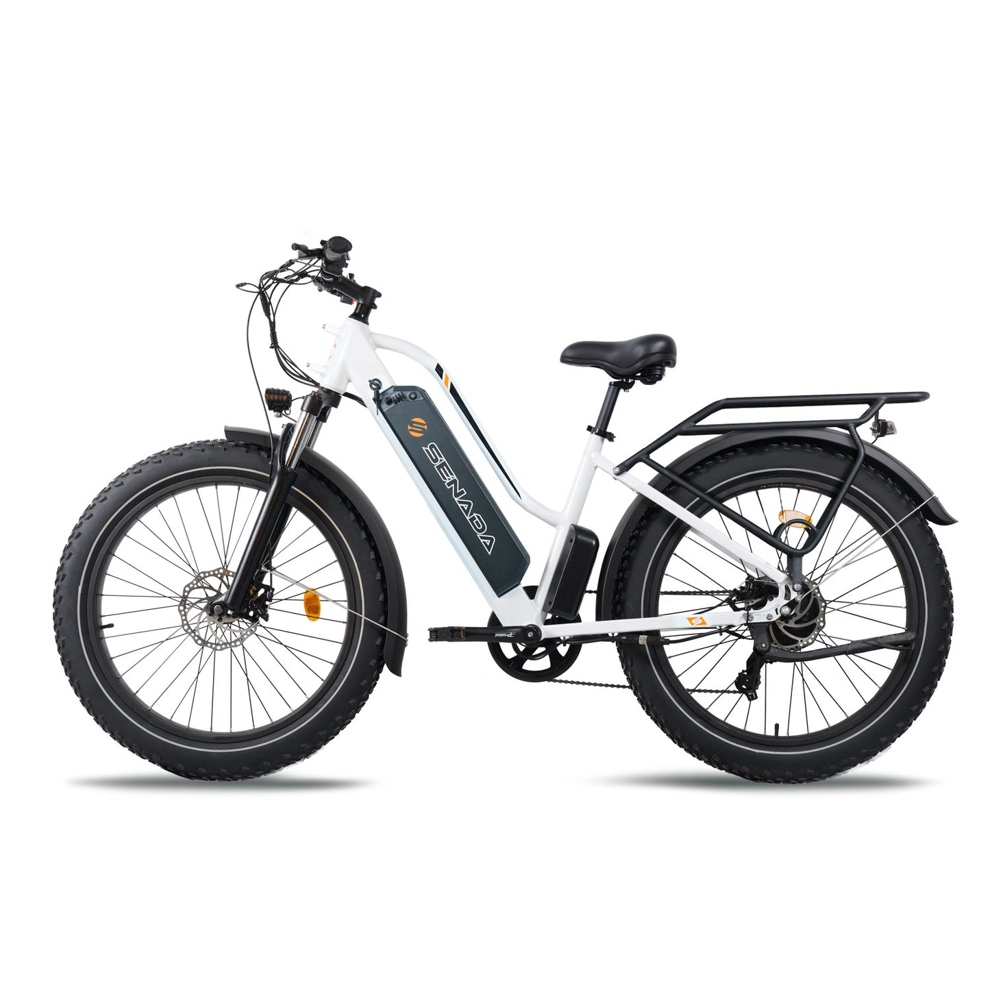 SENADA HERALD PRO step-thru 1000W fat tire ebike with front suspension hydraulic disc brakes shown from the left side