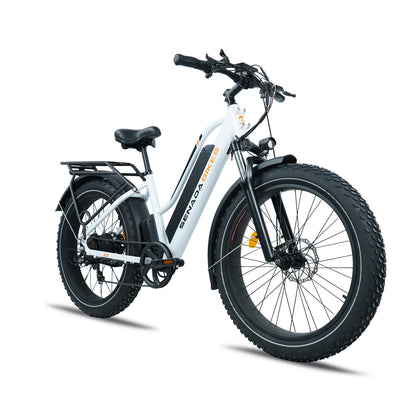 SENADA HERALD PRO step-thru 1000W fat tire ebike with front suspension hydraulic disc brakes shown from the right front view