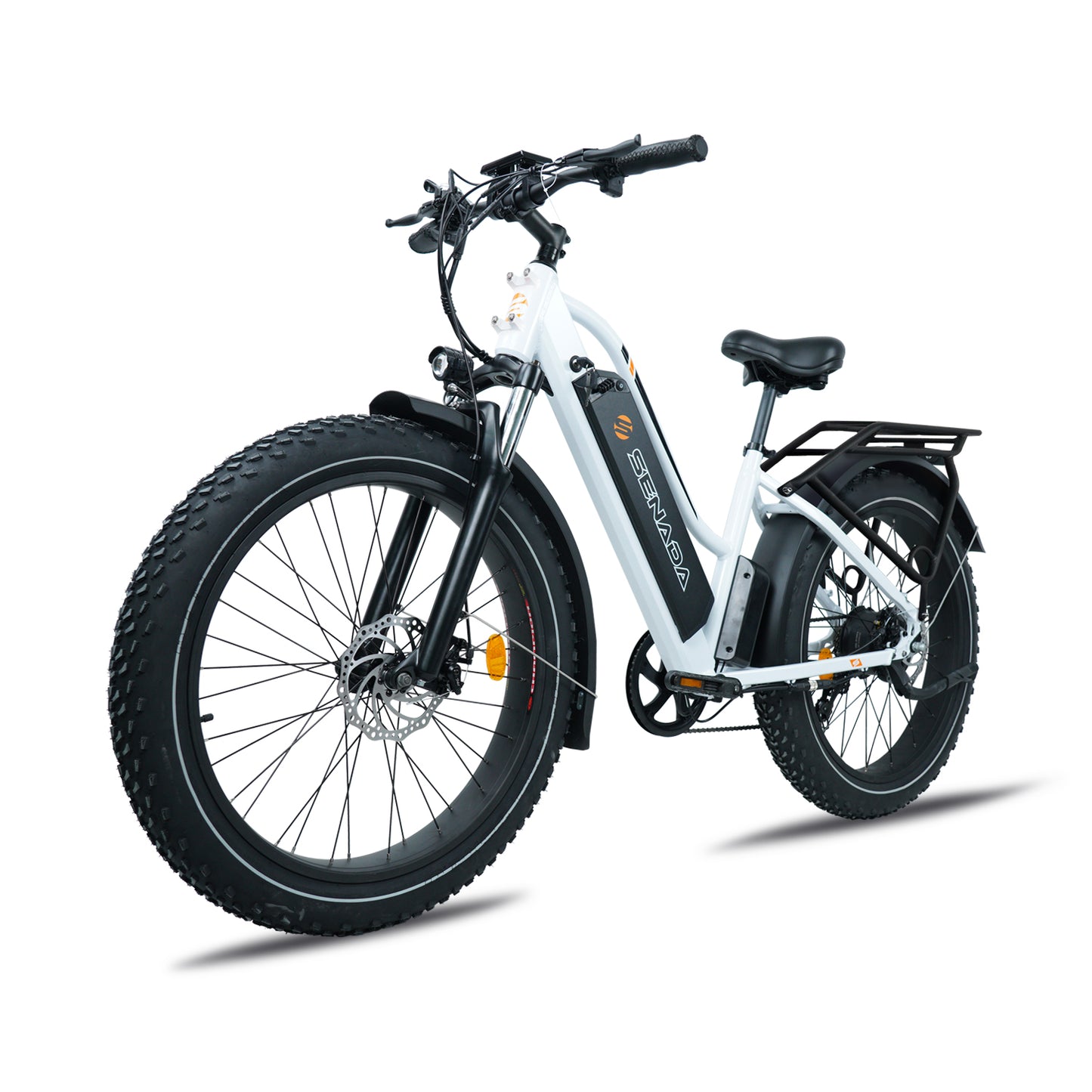 SENADA HERALD PRO step-thru 1000W fat tire ebike with front suspension hydraulic disc brakes shown from the left front view