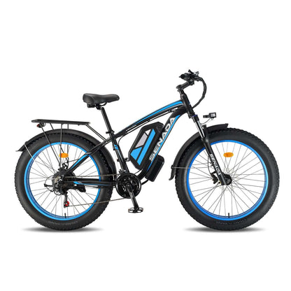 SENADA ARCHON PLUS 1000W fat tire electric bicycle with hydraulic disc brakes, 21-speed shifting, rear rack, and 20AH battery for long-distance adventures.