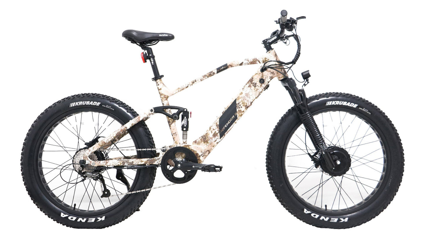 EUNORAU DEFENDER-S e-bike with fat tires, full suspension, and dual 750W motors for urban and off-road adventures.