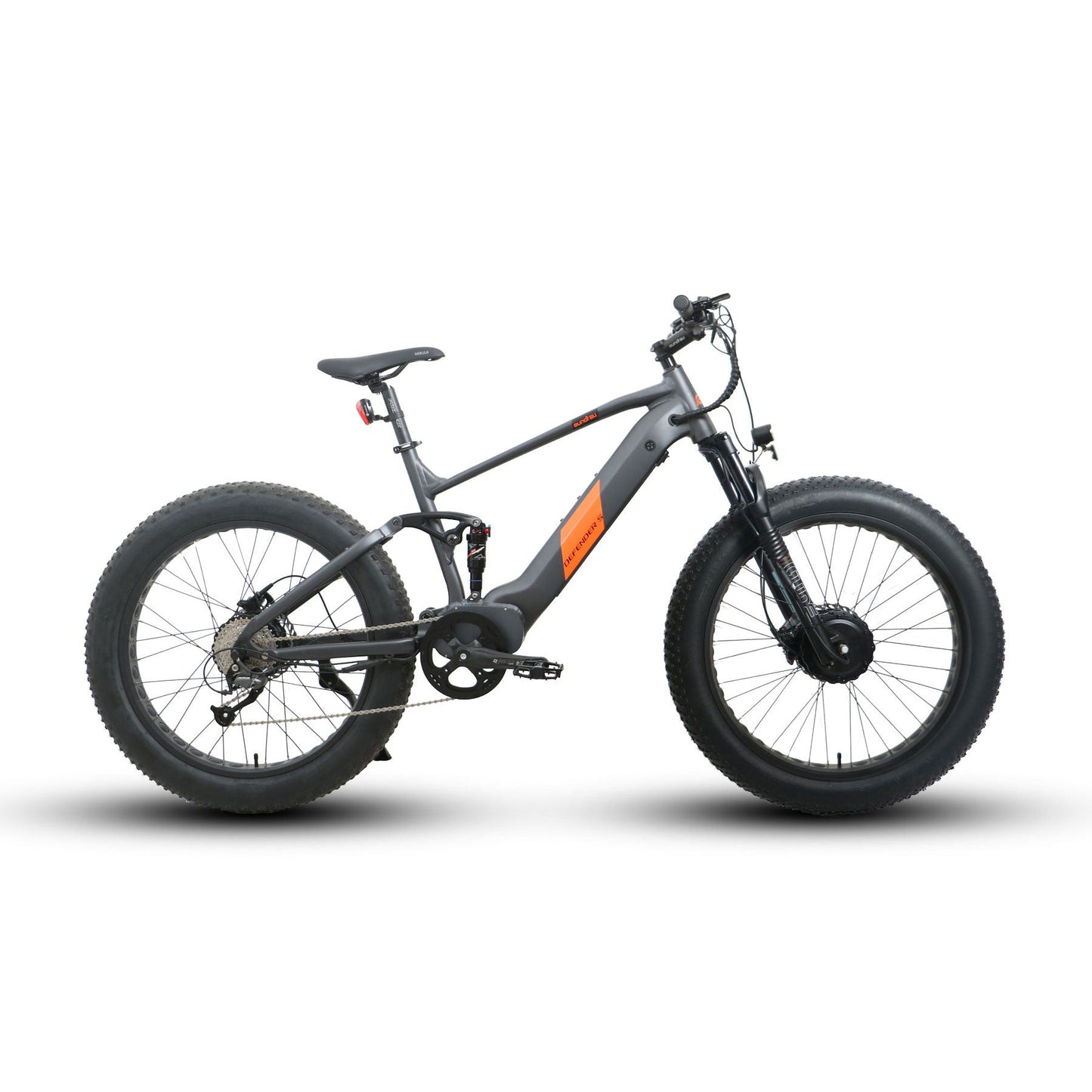 EUNORAU DEFENDER-S e-bike with fat tires, full suspension, and dual 750W hub motors for ultimate power and torque in any terrain