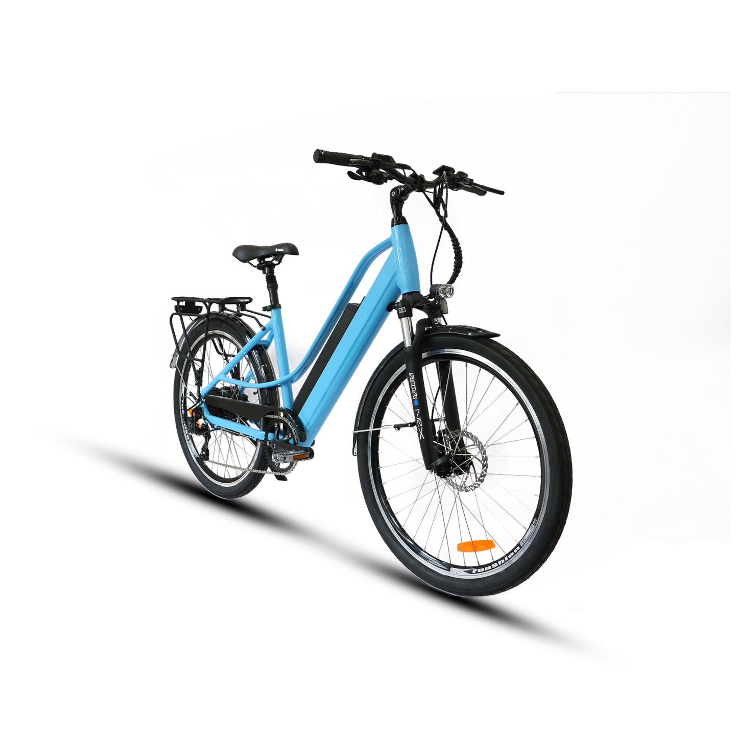 EUNORAU E-TORQUE comfort city ebike with pedal assist, throttle, full-color display, and LED lights in light blue color perfect for urban commuting