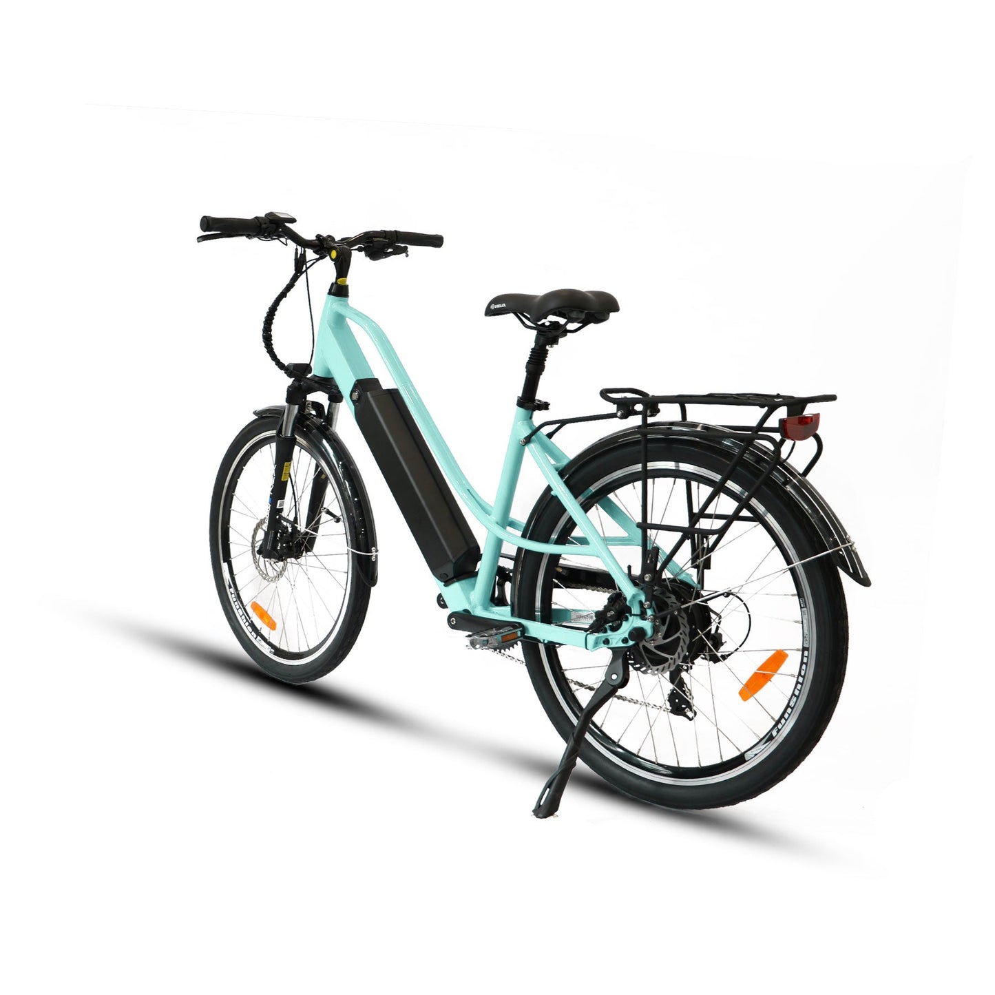 EUNORAU E-TORQUE affordable comfort city ebike with pedal assist, throttle, full-color display, LED lights, and rear rack.