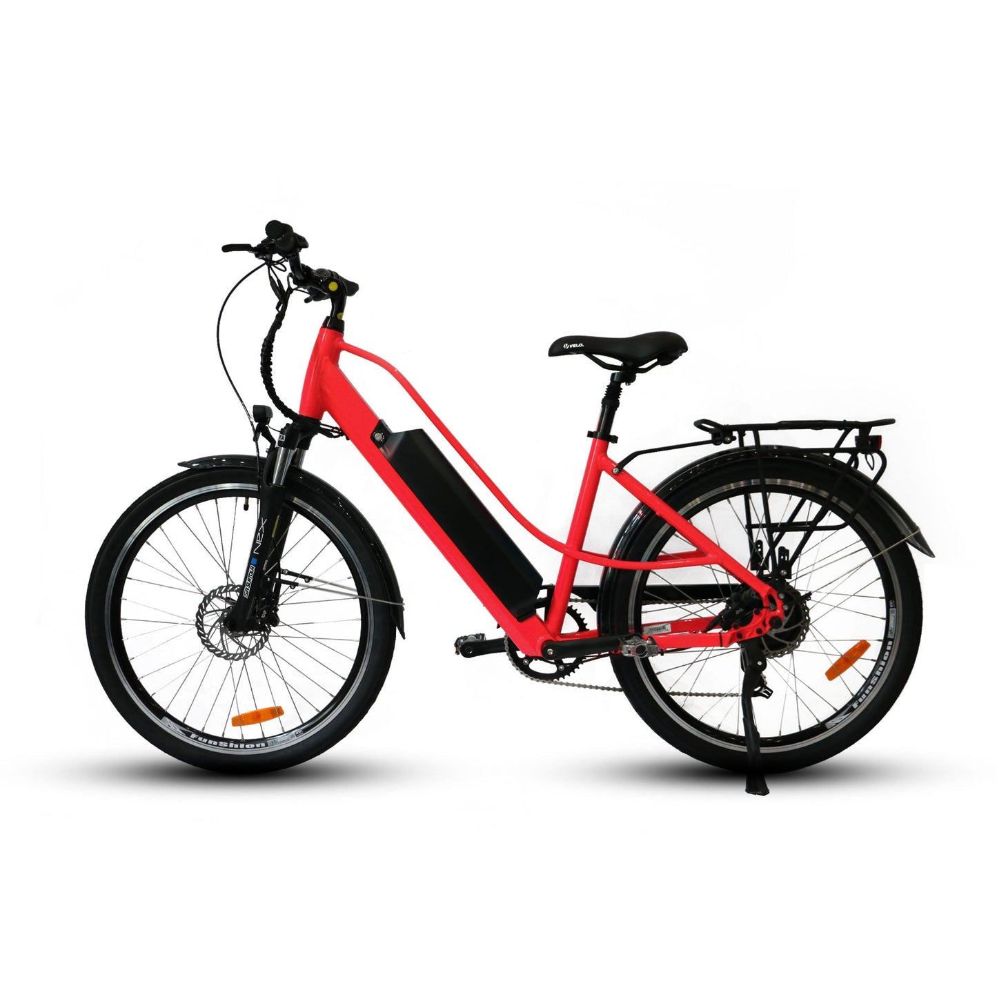 EUNORAU E-TORQUE affordable comfort city ebike in red with pedal assist, throttle, full-color display, and LED lights perfect for urban commuting.