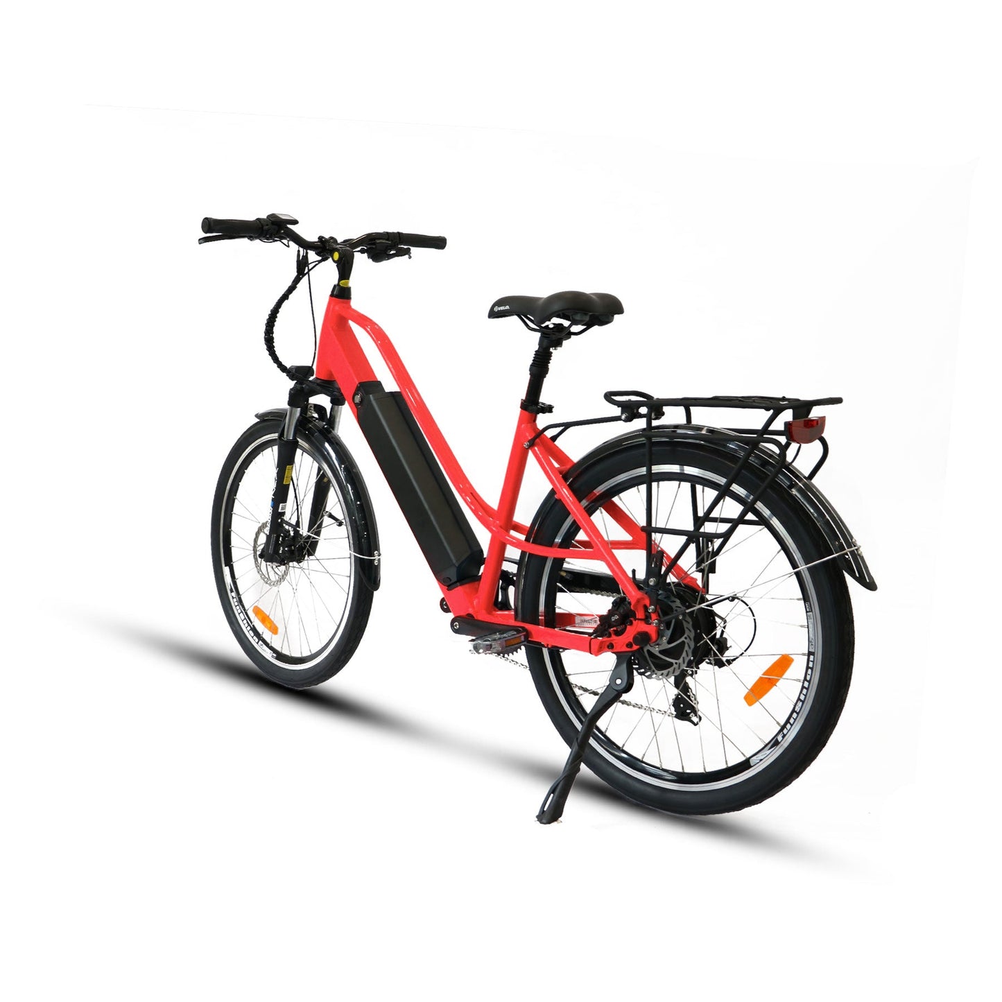 Red EUNORAU E-TORQUE city ebike with pedal assist, throttle, full-color display, and LED lights. Ideal e-bike for urban and suburban commuting.