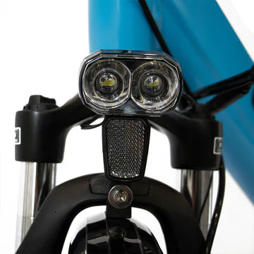 Close-up of EUNORAU E-TORQUE electric bike LED lights and front fork assembly