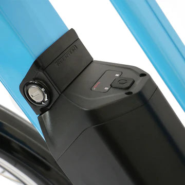 Close-up of EUNORAU E-TORQUE ebike's removable battery pack for ease of charging 