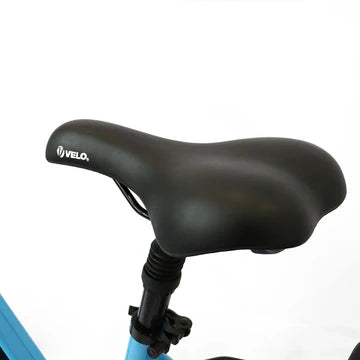 Comfortable seat of EUNORAU E-TORQUE city ebike with VELO branding for a smooth ride