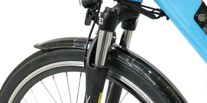 Close-up of the front wheel and front suspension fork on the EUNORAU E-TORQUE comfort city electric bike.