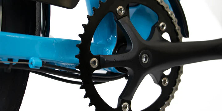 Close-up of E-TORQUE by Eunorau ebike chainring and blue frame