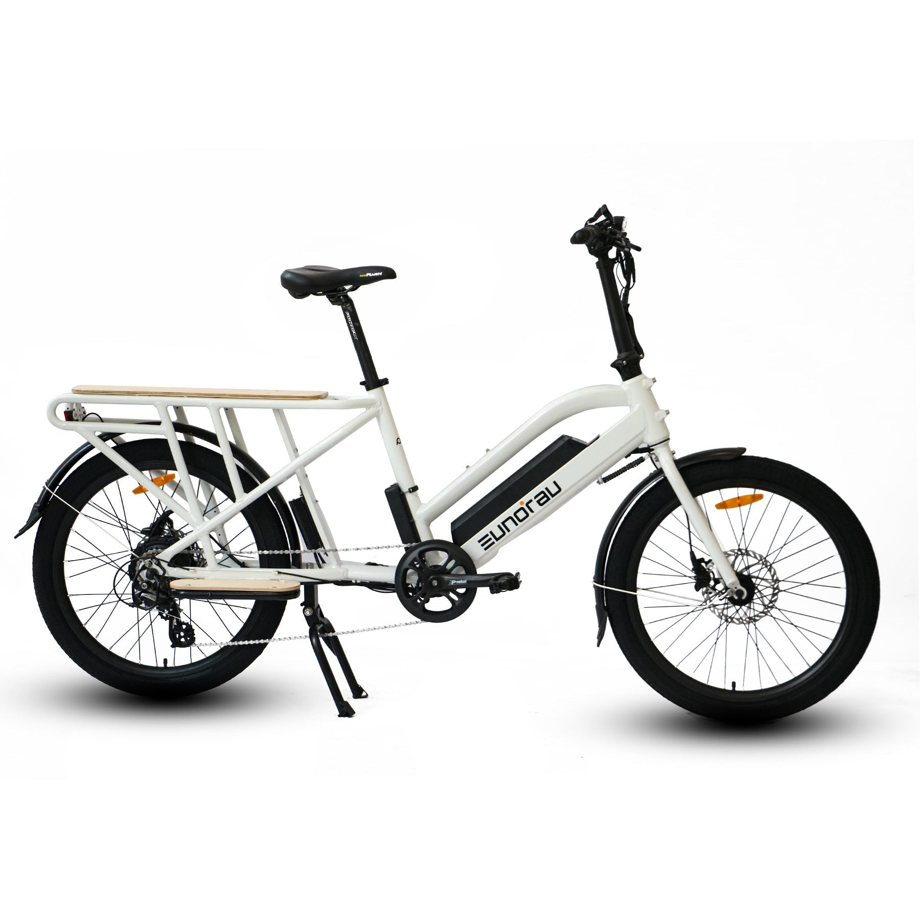 EUNORAU MAX-CARGO electric long-tail cargo ebike with fenders and integrated lights, designed for families and local deliveries.