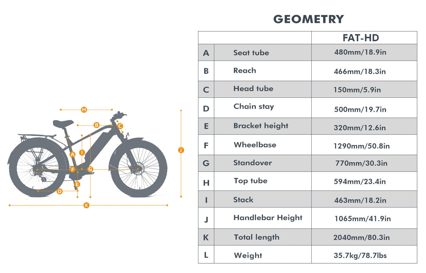 EUNORAU FAT-HD Ebike measurement specs