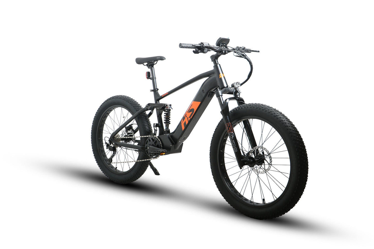 EUNORAU FAT-HS fat tire electric bike with dual suspension and mid-drive motor.